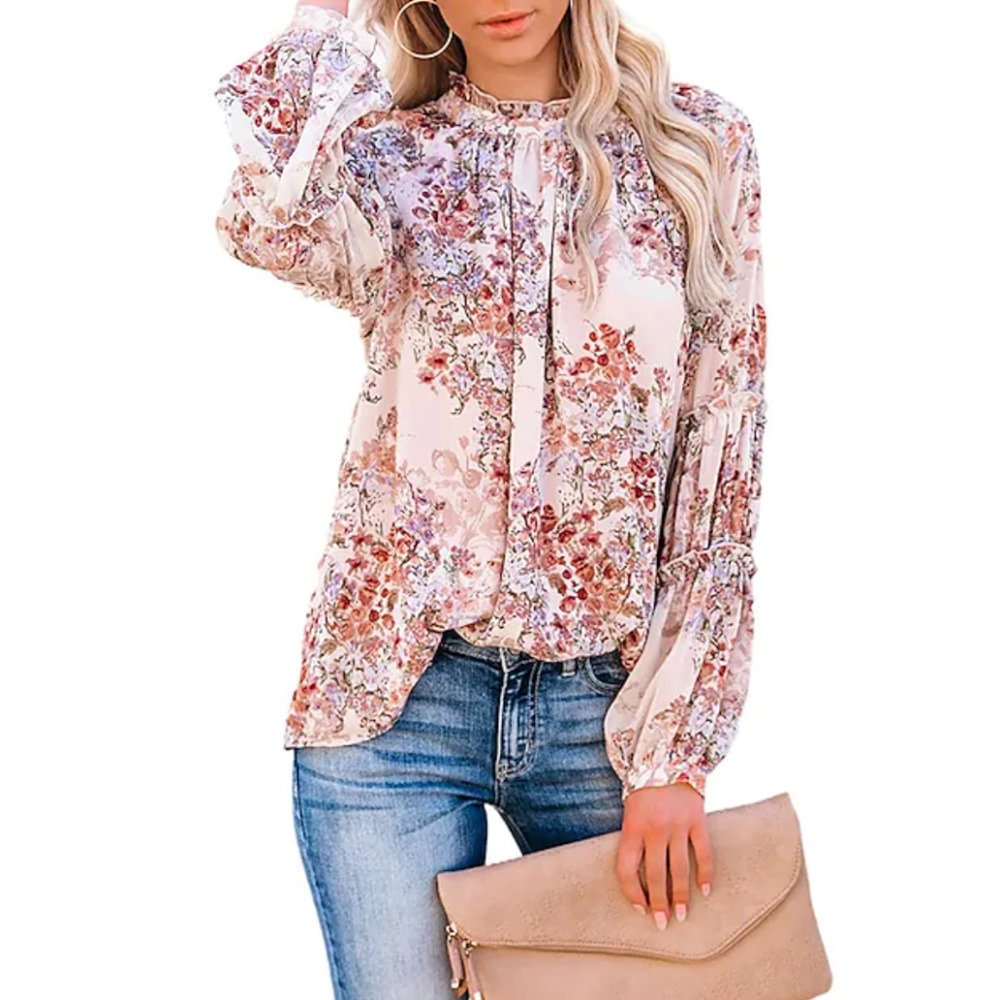 VICI Floral Ruffled High Neck Boho Blouse Top | S